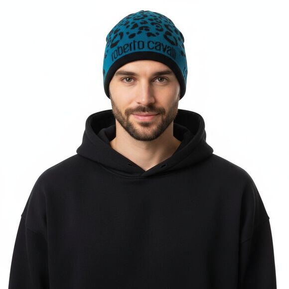 Roberto CavalliESZ031 D2493 Black/Petrol Leopard Beanie Hat